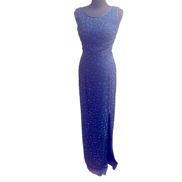 VINTAGE SILK CACHE Sequin 100% Silk Navy Blue Dress SM Formal Slit Floor Length - Picture 3 of 16